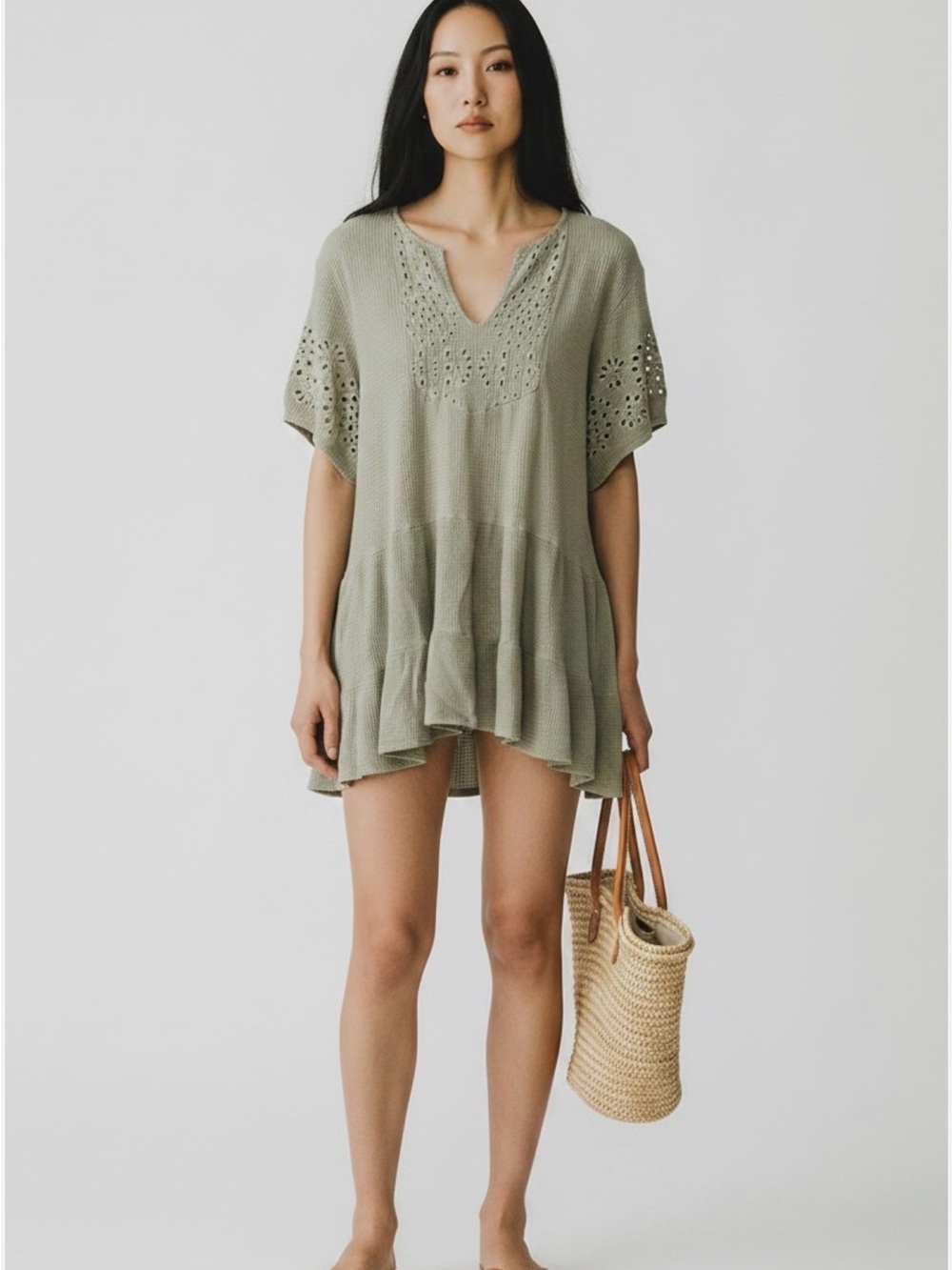 Rip Curl Sage Green Crochet V-Neck Tiered Tunic